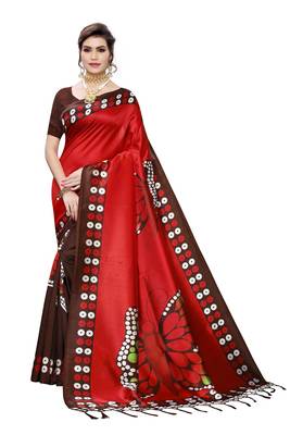 Salwar Studio Women's Red & Brown Art Silk Printed Saree with Blouse Piece 1
