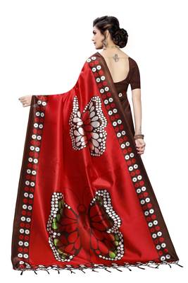 Salwar Studio Women's Red & Brown Art Silk Printed Saree with Blouse Piece 2