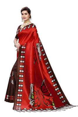 Salwar Studio Women's Red & Brown Art Silk Printed Saree with Blouse Piece 3