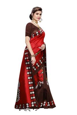 Salwar Studio Women's Red & Brown Art Silk Printed Saree with Blouse Piece 4