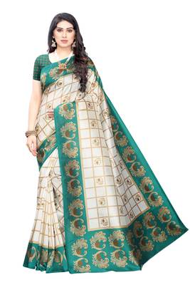 Salwar Studio Women's White & Green Art Silk Printed Saree with Blouse Piece 1