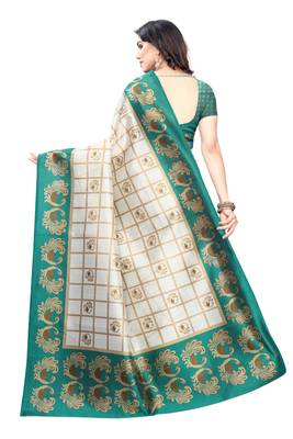 Salwar Studio Women's White & Green Art Silk Printed Saree with Blouse Piece 2
