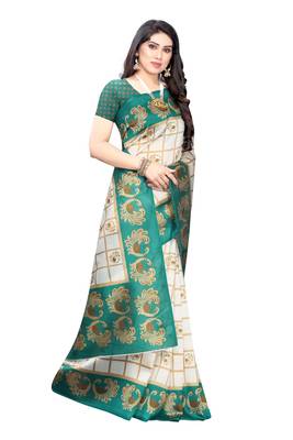 Salwar Studio Women's White & Green Art Silk Printed Saree with Blouse Piece 3