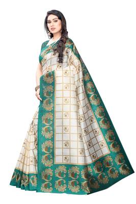Salwar Studio Women's White & Green Art Silk Printed Saree with Blouse Piece 4