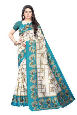 Salwar Studio Women's White & Blue Art Silk Printed Saree with Blouse Piece 1