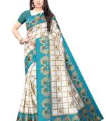 Salwar Studio Women's White & Blue Art Silk Printed Saree with Blouse Piece
