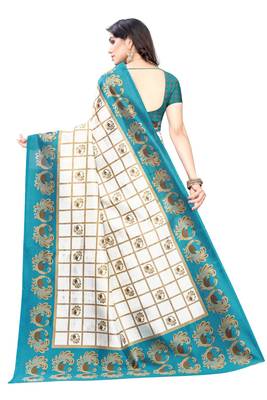 Salwar Studio Women's White & Blue Art Silk Printed Saree with Blouse Piece 2
