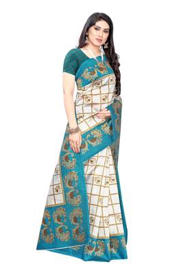 Salwar Studio Women's White & Blue Art Silk Printed Saree with Blouse Piece 3