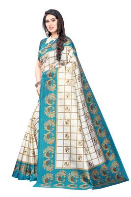Salwar Studio Women's White & Blue Art Silk Printed Saree with Blouse Piece 4