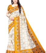 Salwar Studio Women's White & Mustard Art Silk Printed Saree with Blouse Piece