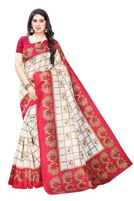 Salwar Studio Women's White & Pink Art Silk Printed Saree with Blouse Piece 1