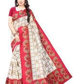 Salwar Studio Women's White & Pink Art Silk Printed Saree with Blouse Piece