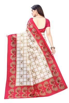 Salwar Studio Women's White & Pink Art Silk Printed Saree with Blouse Piece 2