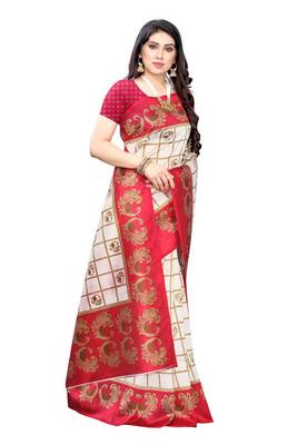 Salwar Studio Women's White & Pink Art Silk Printed Saree with Blouse Piece 3