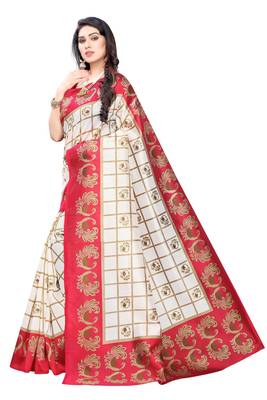 Salwar Studio Women's White & Pink Art Silk Printed Saree with Blouse Piece 4