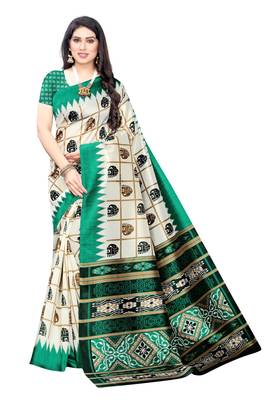 Salwar Studio Women's White & Green Art Silk Printed Saree with Blouse Piece 1