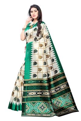 Salwar Studio Women's White & Green Art Silk Printed Saree with Blouse Piece 3