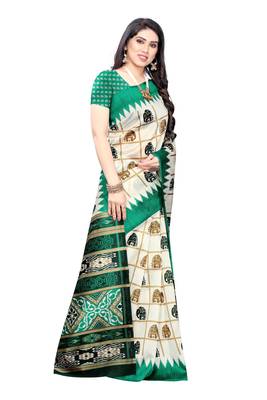 Salwar Studio Women's White & Green Art Silk Printed Saree with Blouse Piece 4