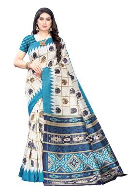 Salwar Studio Women's White & Blue Art Silk Printed Saree with Blouse Piece 1