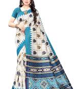 Salwar Studio Women's White & Blue Art Silk Printed Saree with Blouse Piece