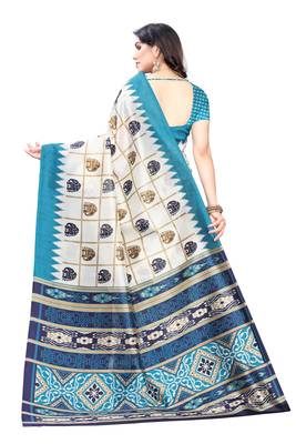 Salwar Studio Women's White & Blue Art Silk Printed Saree with Blouse Piece 2