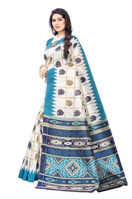 Salwar Studio Women's White & Blue Art Silk Printed Saree with Blouse Piece 3