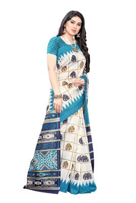 Salwar Studio Women's White & Blue Art Silk Printed Saree with Blouse Piece 4