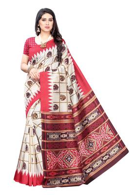 Salwar Studio Women's White & Peach Art Silk Printed Saree with Blouse Piece 1