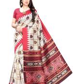 Salwar Studio Women's White & Peach Art Silk Printed Saree with Blouse Piece