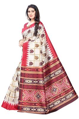 Salwar Studio Women's White & Peach Art Silk Printed Saree with Blouse Piece 3