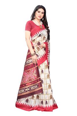 Salwar Studio Women's White & Peach Art Silk Printed Saree with Blouse Piece 4