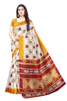 Salwar Studio Women's White & Mustard Art Silk Printed Saree with Blouse Piece 1