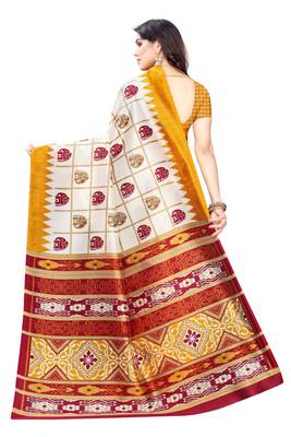 Salwar Studio Women's White & Mustard Art Silk Printed Saree with Blouse Piece 2