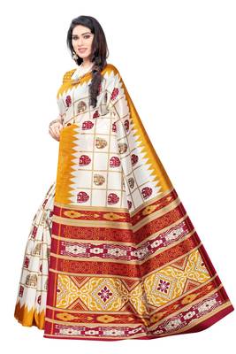 Salwar Studio Women's White & Mustard Art Silk Printed Saree with Blouse Piece 3