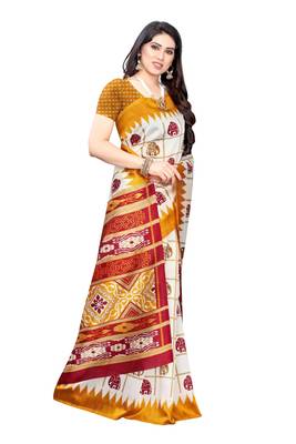 Salwar Studio Women's White & Mustard Art Silk Printed Saree with Blouse Piece 4