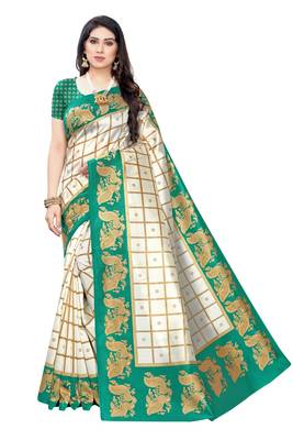 Salwar Studio Women's White & Green Art Silk Printed Saree with Blouse Piece 1