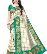 Salwar Studio Women's White & Green Art Silk Printed Saree with Blouse Piece