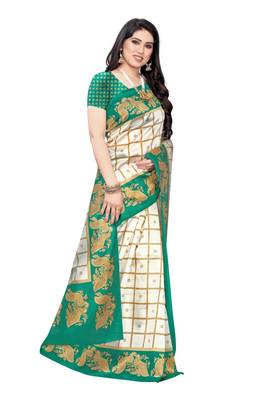 Salwar Studio Women's White & Green Art Silk Printed Saree with Blouse Piece 3