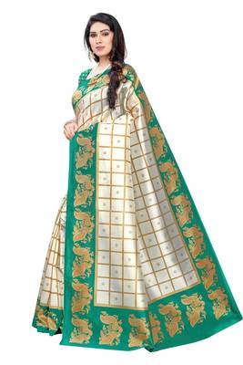 Salwar Studio Women's White & Green Art Silk Printed Saree with Blouse Piece 4