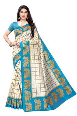 Salwar Studio Women's White & Blue Art Silk Printed Saree with Blouse Piece 1