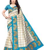 Salwar Studio Women's White & Blue Art Silk Printed Saree with Blouse Piece