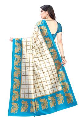 Salwar Studio Women's White & Blue Art Silk Printed Saree with Blouse Piece 2