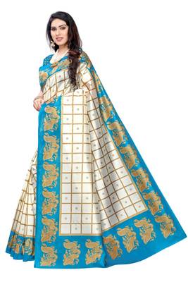 Salwar Studio Women's White & Blue Art Silk Printed Saree with Blouse Piece 3