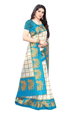 Salwar Studio Women's White & Blue Art Silk Printed Saree with Blouse Piece 4