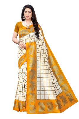 Salwar Studio Women's White & Mustard Art Silk Printed Saree with Blouse Piece 1