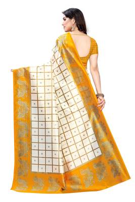 Salwar Studio Women's White & Mustard Art Silk Printed Saree with Blouse Piece 2