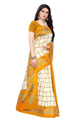 Salwar Studio Women's White & Mustard Art Silk Printed Saree with Blouse Piece 3