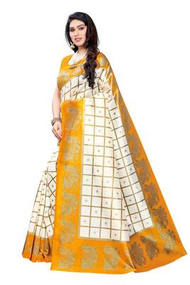 Salwar Studio Women's White & Mustard Art Silk Printed Saree with Blouse Piece 4
