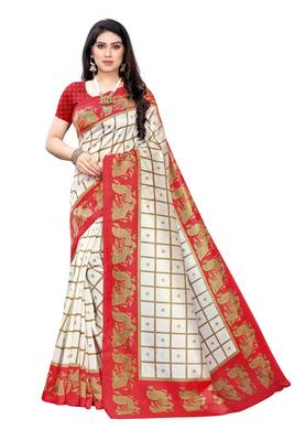 Salwar Studio Women's White & Red Art Silk Printed Saree with Blouse Piece 1