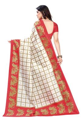 Salwar Studio Women's White & Red Art Silk Printed Saree with Blouse Piece 2